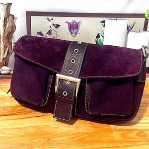 Vintage Purple Genuine Suede Leather Shoulder Bag Made In Italy